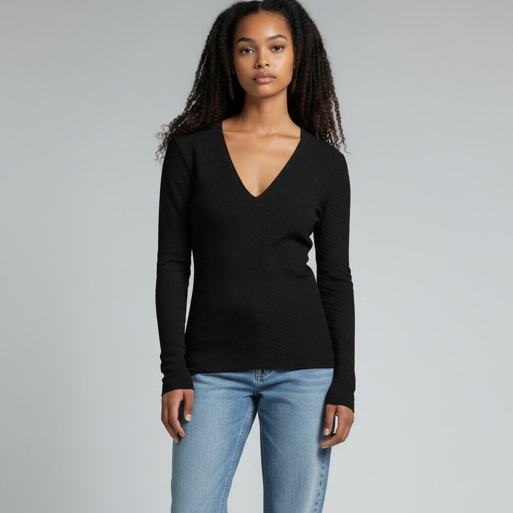 Boss Hugo Boss Made in Italy Black Ribbed Long Sleeve VNeck Shirt Top Size Small